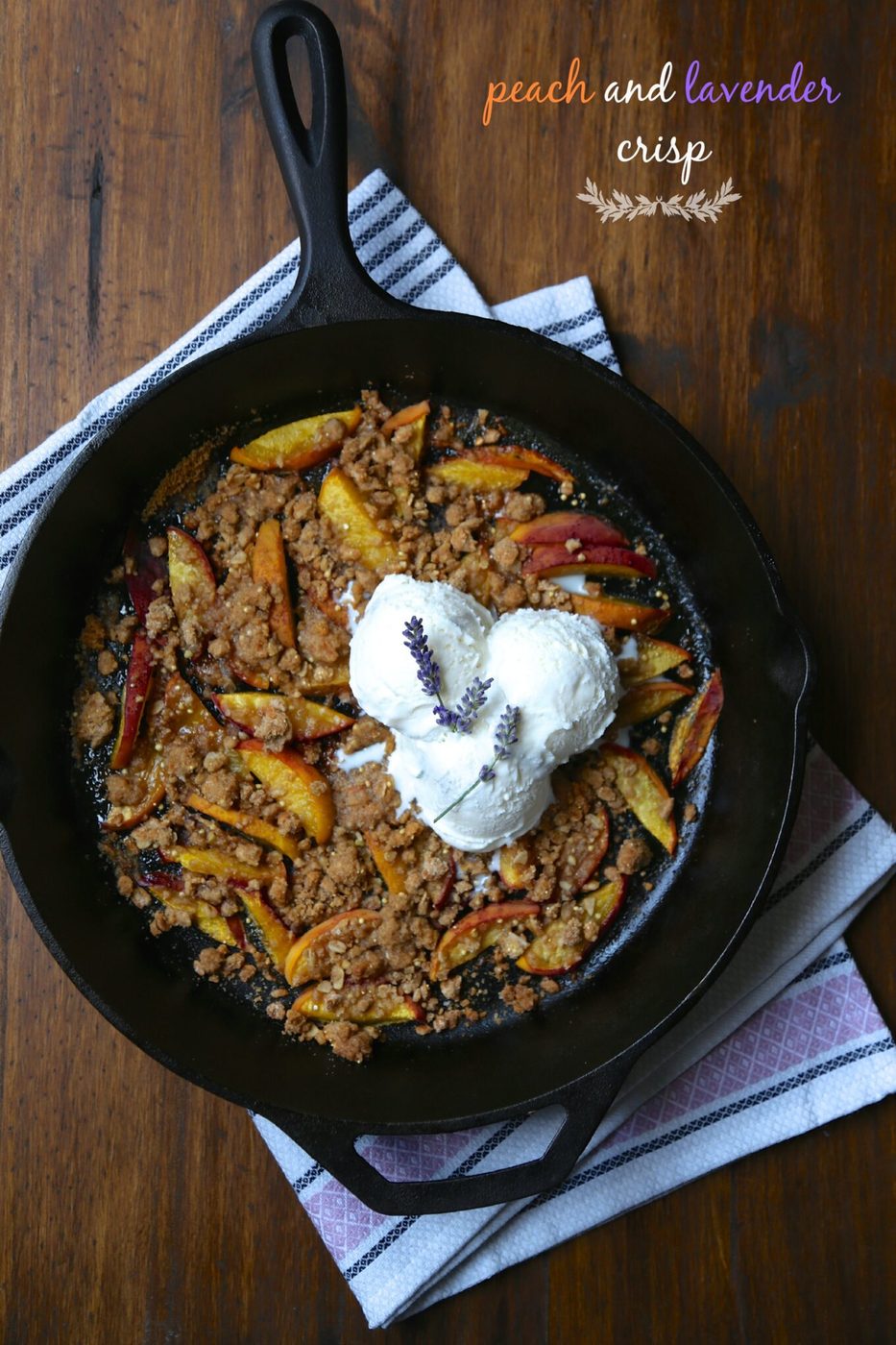 Vanilla bean ice cream on peach and lavender crisp