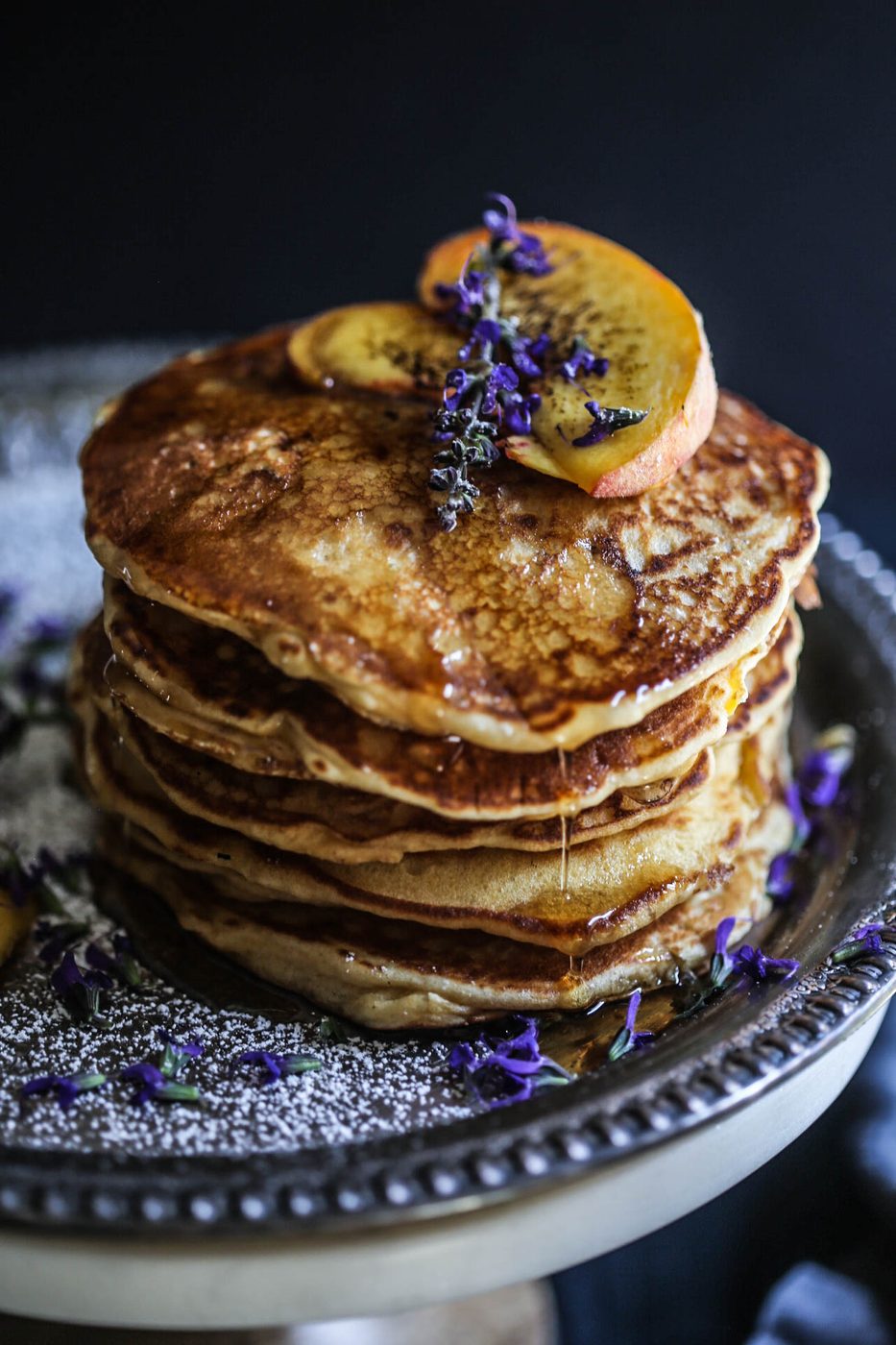Lavender Butter Syrup on peach & Bacon Pancakes
