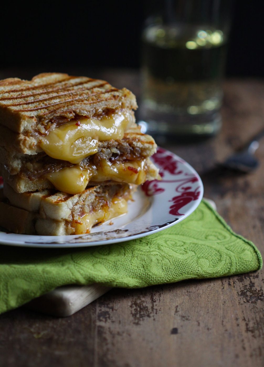Fontina cheese + caramelized onions on peanut butter and bacon sandwiches