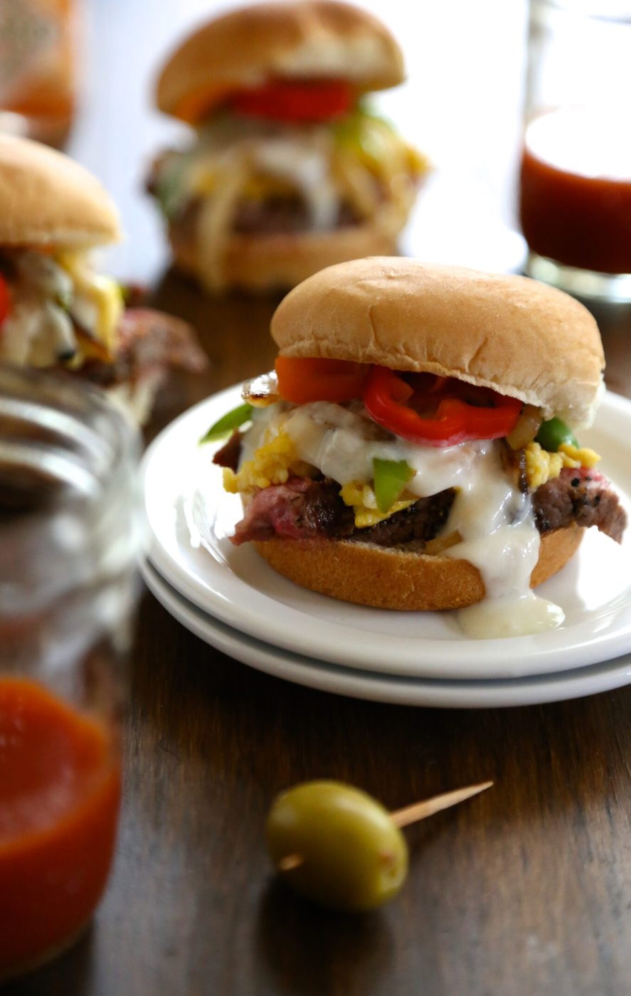 Philly cheesesteak breakfast sliders