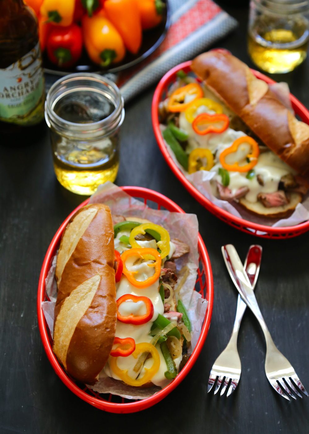 philly cheesesteaks with sweet peppers and kitchen-made provolone sauce www.climbinggriermountain.com