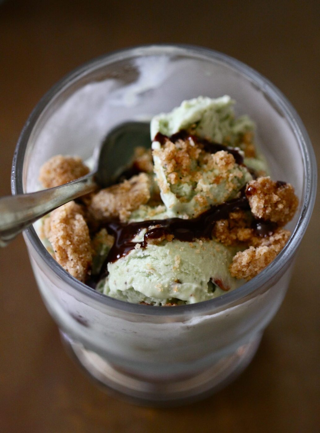 Brown butter crumble on pistachio ice cream
