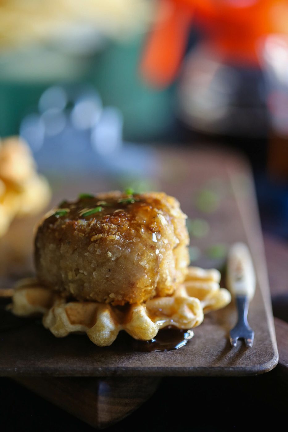 Potato Chip Crusted Chicken Meatball and Waffle Bites www.climbinggriermountain.com I