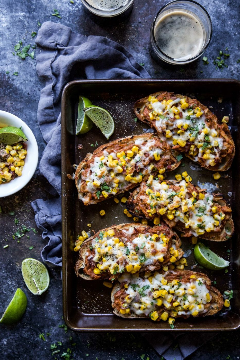 Smoky Corn Bacon on pulled BBQ Chicken Toasts