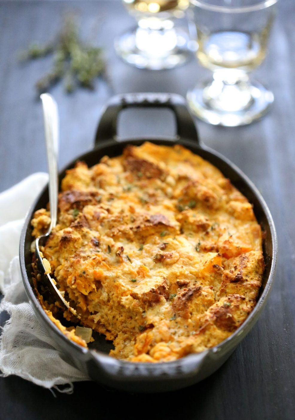 Pumpkin, butternut squash and gorgonzola bread pudding