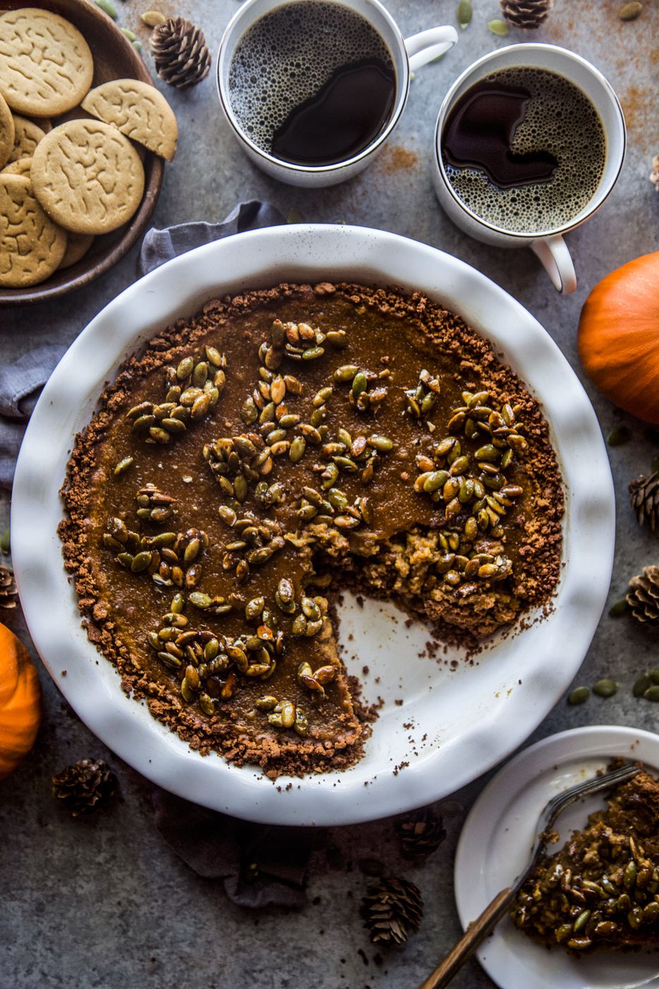 Gingersnap Crust & Candied Pepitas on pumpkin Pie