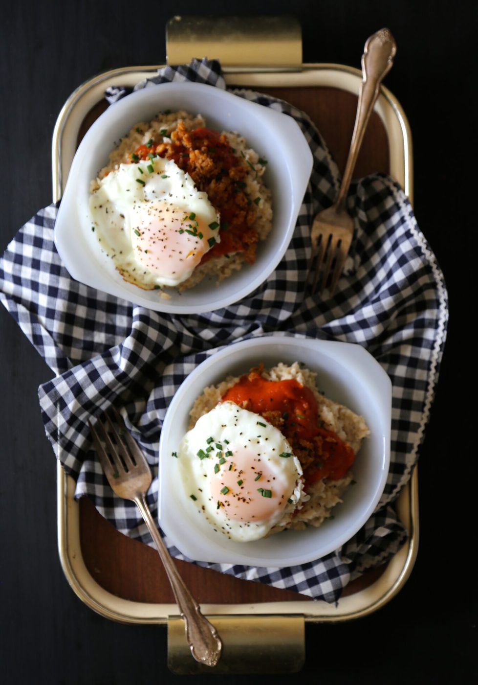 Red eye gravy oatmeal, finished with fried egg and chorizo