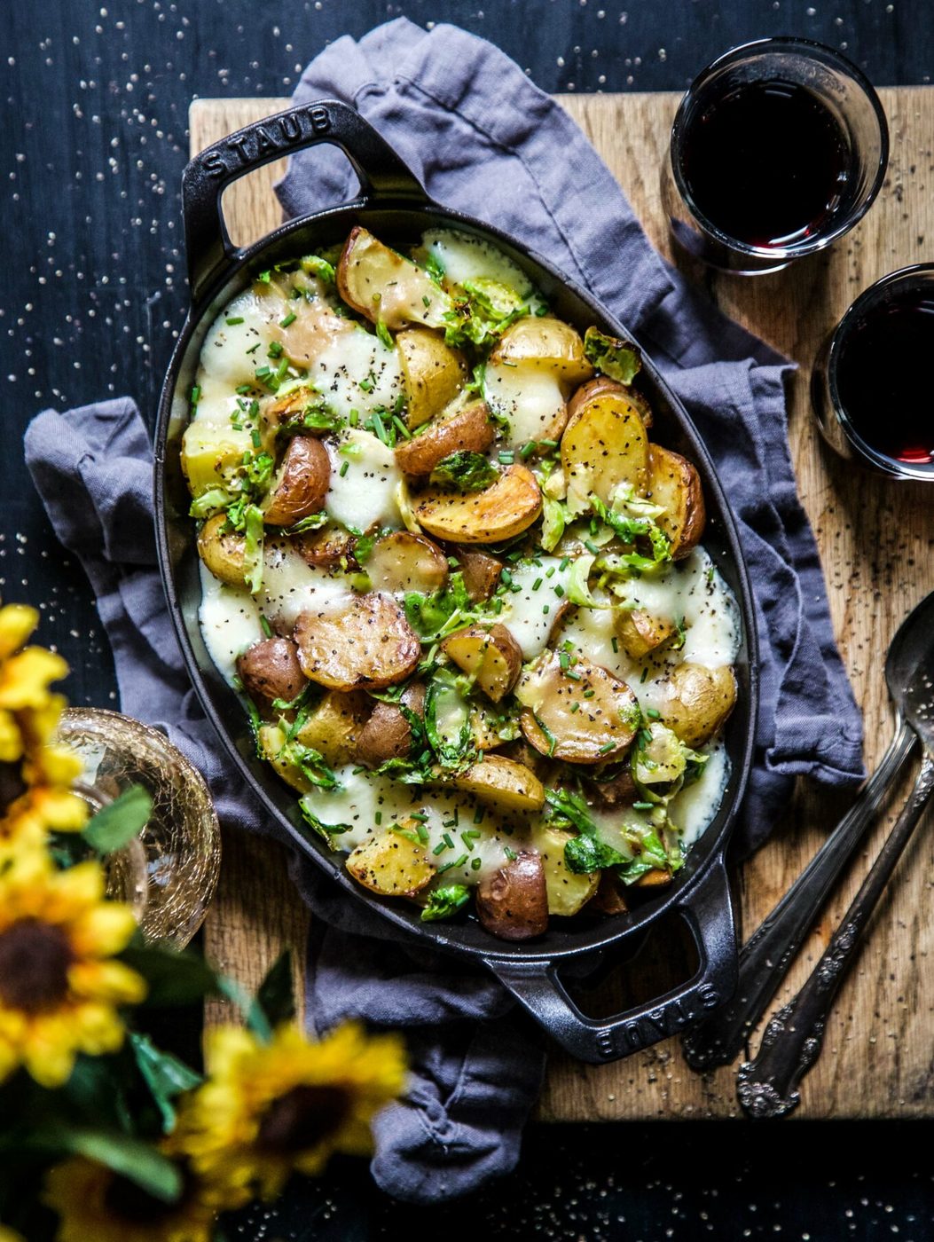 Baby Potato Brussels Sprout Poutine, roasted