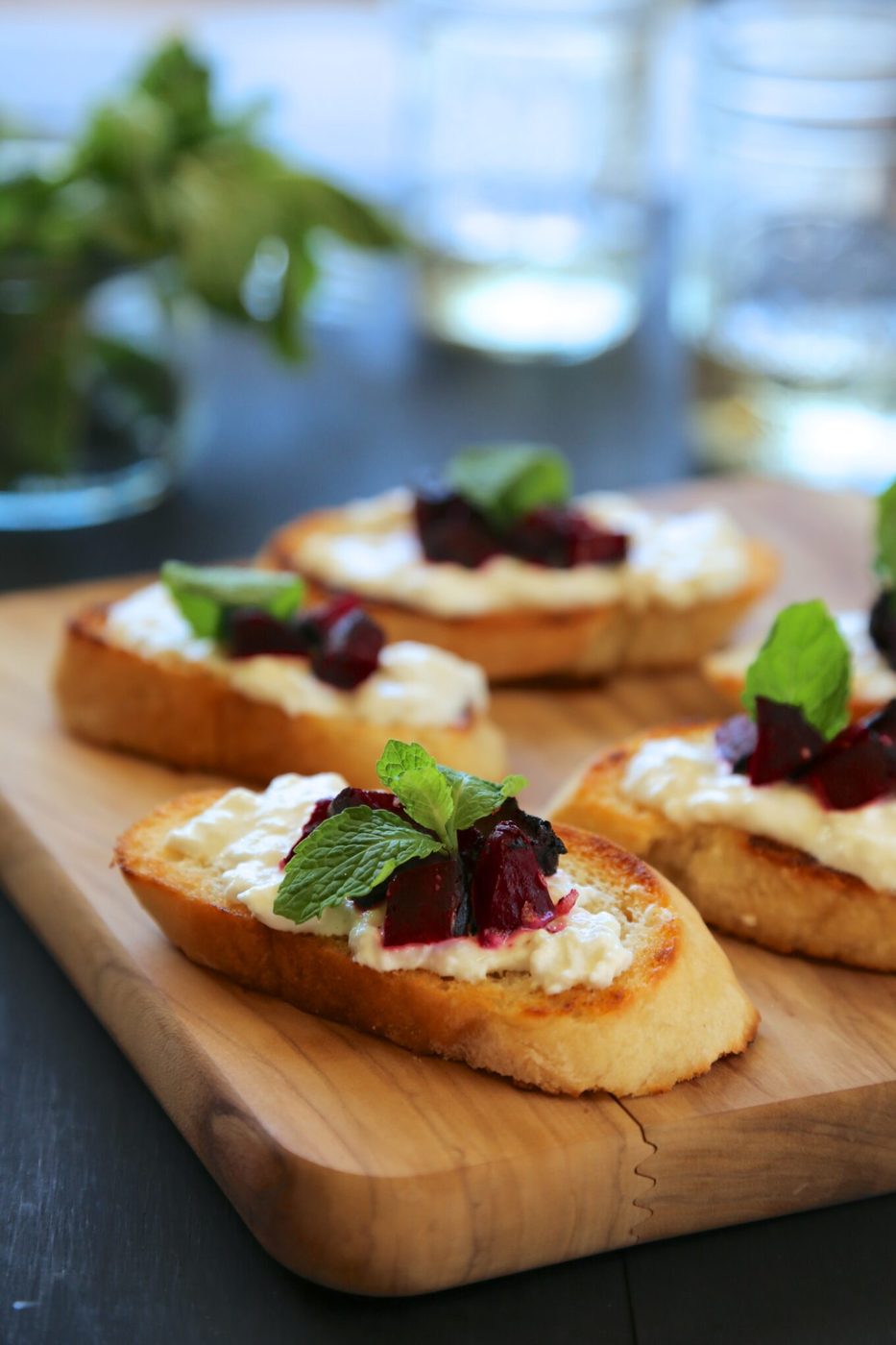 Roasted balsamic beet and burrata crostini, finished with fresh mint