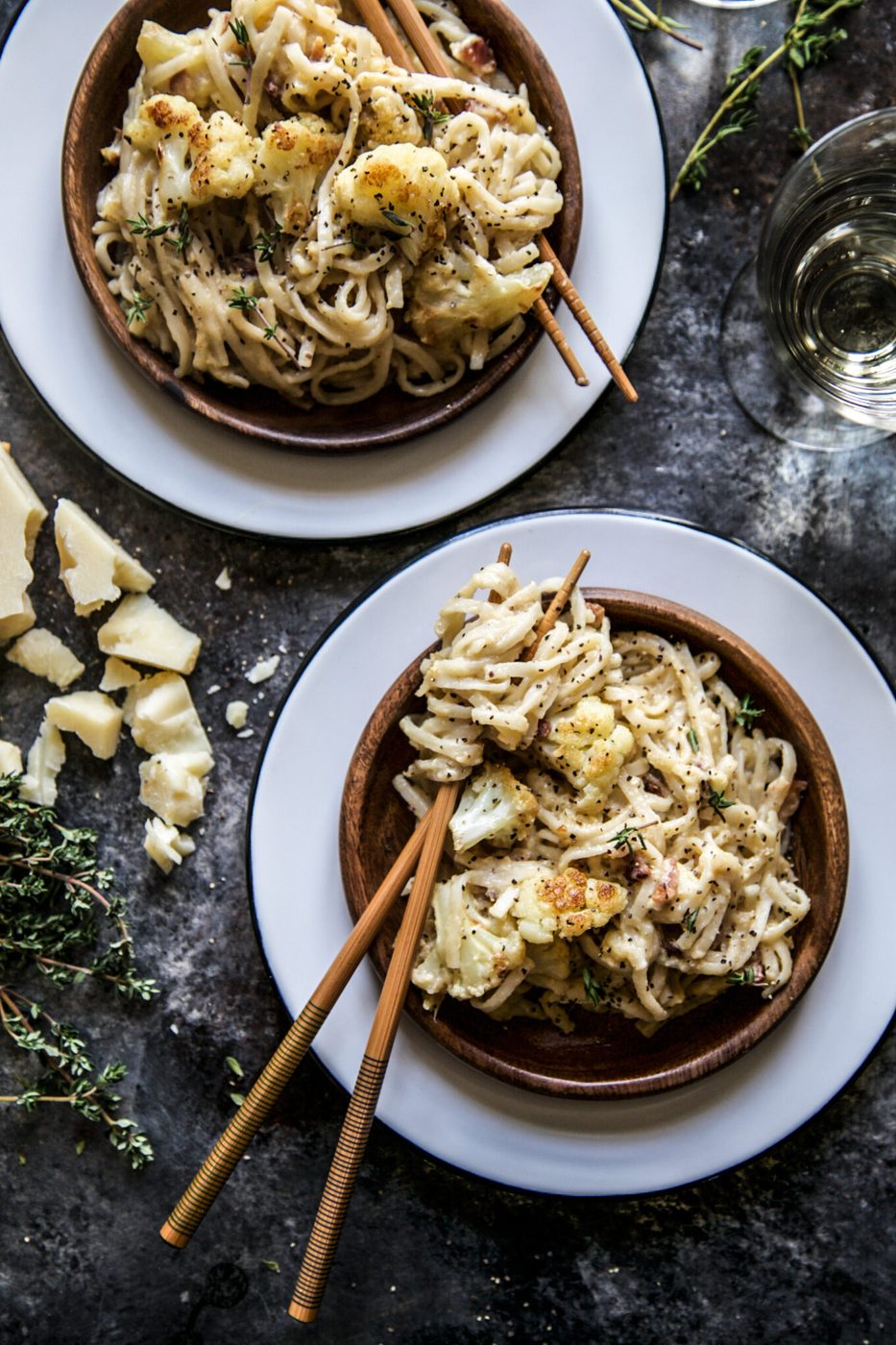 Roasted Cauliflower Carbonara, finished with Udon Noodles