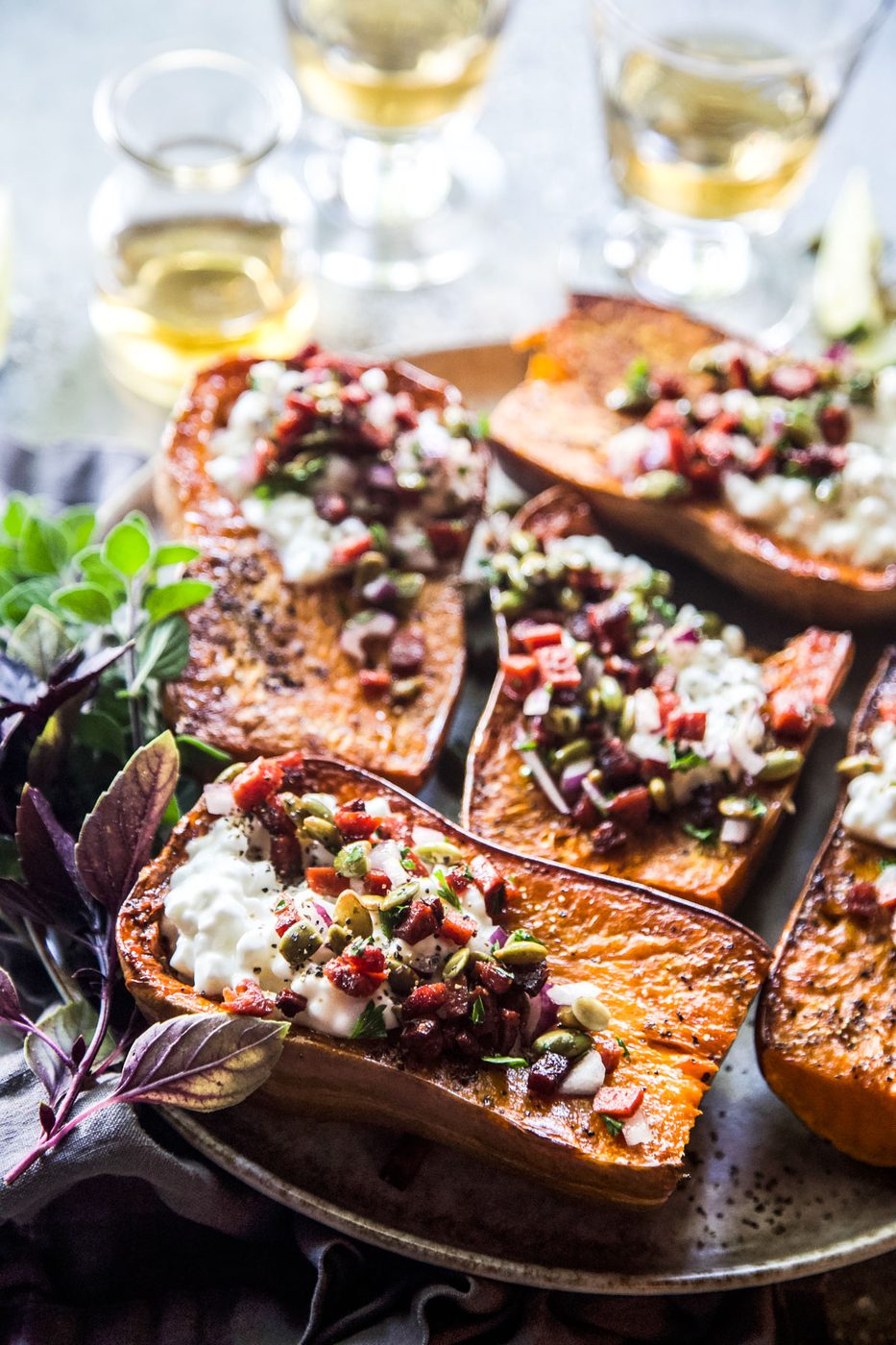 Roasted Honeynut Squash with Cottage Cheese & Chorizo Crisp