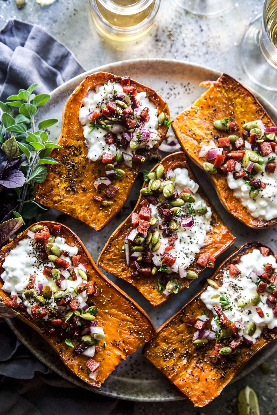 Roasted Honeynut Squash with Cottage Cheese & Chorizo Crisp