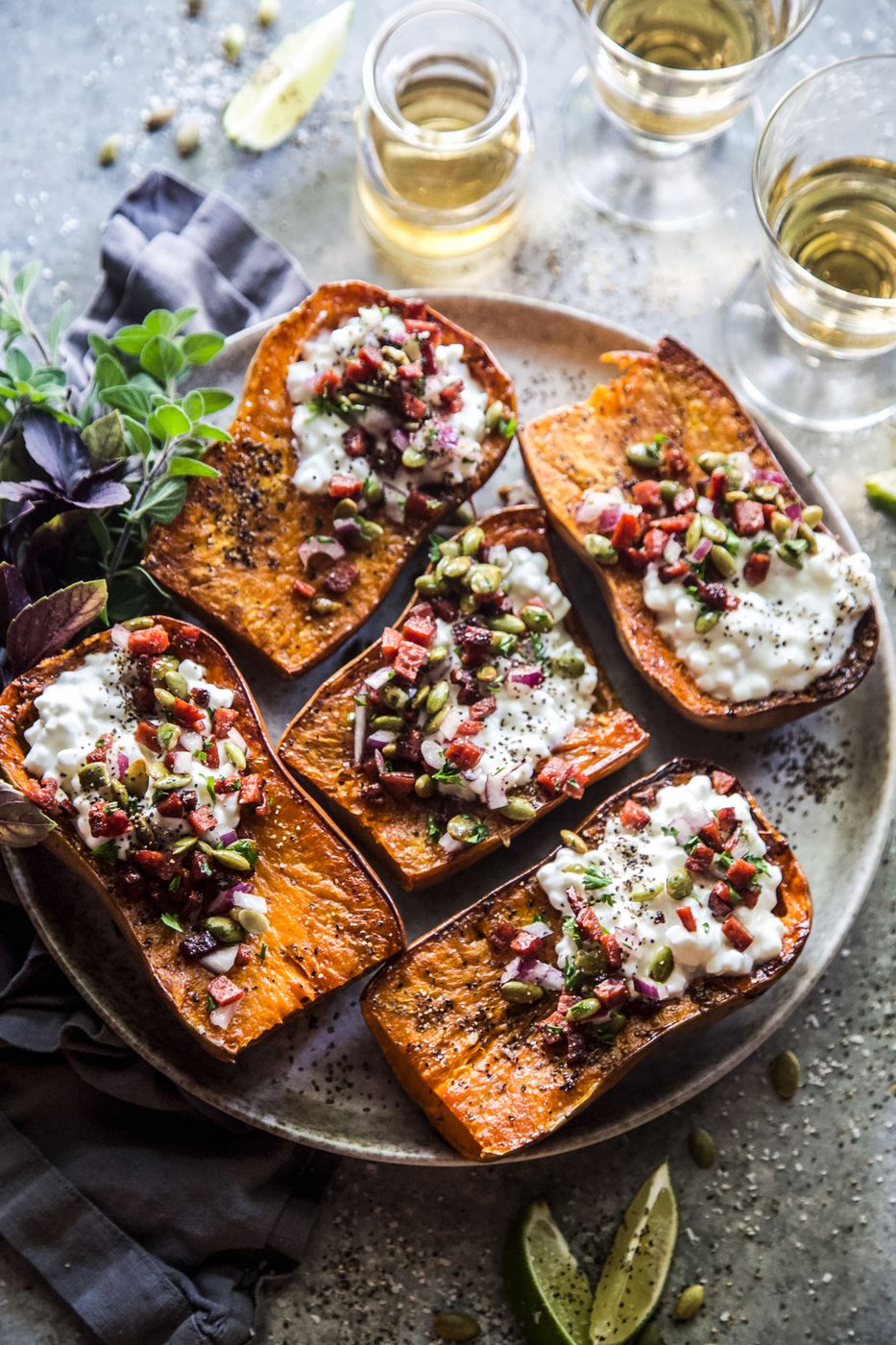 Roasted Honeynut Squash with Cottage Cheese & Chorizo Crisp