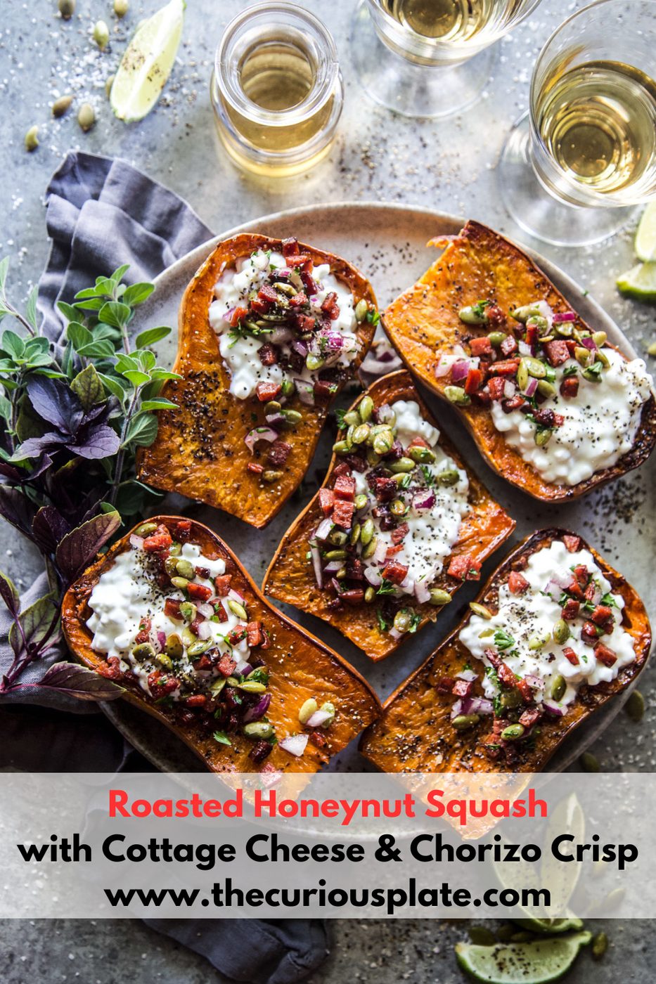Roasted Honeynut Squash with Cottage Cheese & Chorizo Crisp
