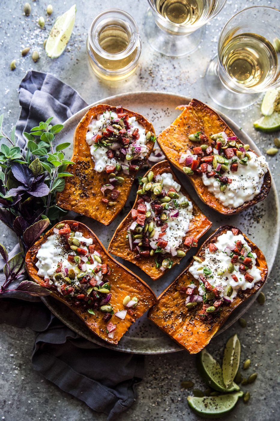 Cottage Cheese & Chorizo Crisp on roasted Honeynut Squash