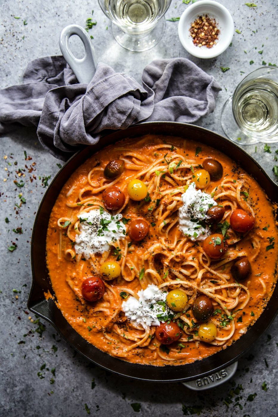 Roasted Red Pepper Alfredo, finished with Burst Tomatoes and Burrata