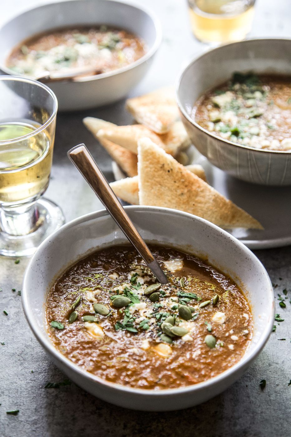 roasted tomato and poblano soup You Need/strong/h2pAll you need are a handful of fresh garden veggies, spices, and stock to get this dish going. Since this is a freeze-ahead friendly soup, you can easily double the recipe and keep some for later. You’ll never know when you’ll need a comforting bowl on a frosty evening. /pulliRoma tomatoes- we like using these because they are fleshy and contains less moisture so the soup turns out rich and thick. They also contain fewer seeds compared to some which is great. You can also use San Marzano or cherry tomatoes as alternatives. /liliPoblano chile peppers- these Mexican peppers are mildly spicy, the red ones even more so than the green variety. When they are roasted, they tend to become a bit sweeter./liliRed bell peppers- it is no secret that there go well with tomatoes. They add a bit of sweetness and nice color to the soup. /liliGarlic- we like roasting them together with tomatoes and poblanos to mellow down the bite. /liliYellow onion/liliChicken stock- you can use canned or kitchen-made stock for this recipe. Using broth instead of water makes the soup flavorful./liliSpices- we used dried oregano and cumin to give this hearty soup a warm and earthy flavor. /liliKosher salt and freshly ground-to taste /liliOlive oil- for sauteing/liliFor garnish: queso fresco, pepitas, and fresh cilantro/li/ulfigureimg src=