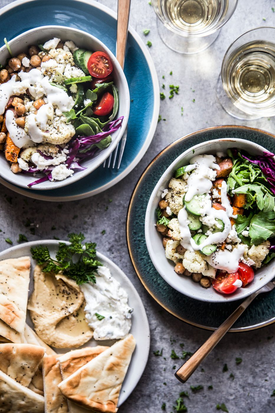 Lemon Yogurt Sauce on roasted Veggie Za’atar Bowls
