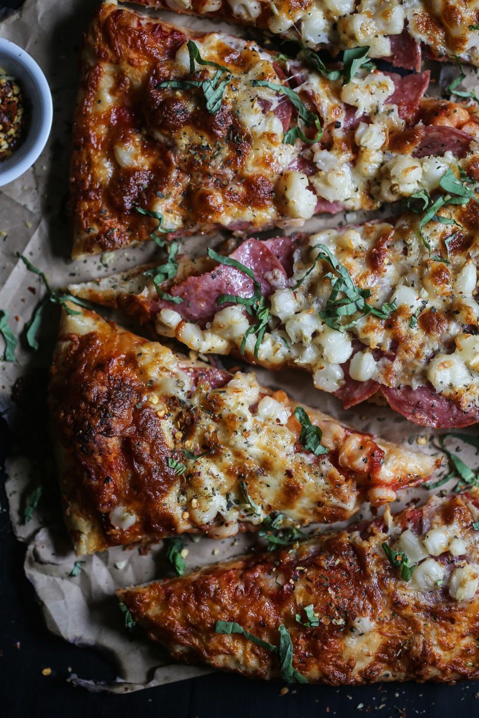 Salami, Hominy, & Smoked Mozzarella Pizza