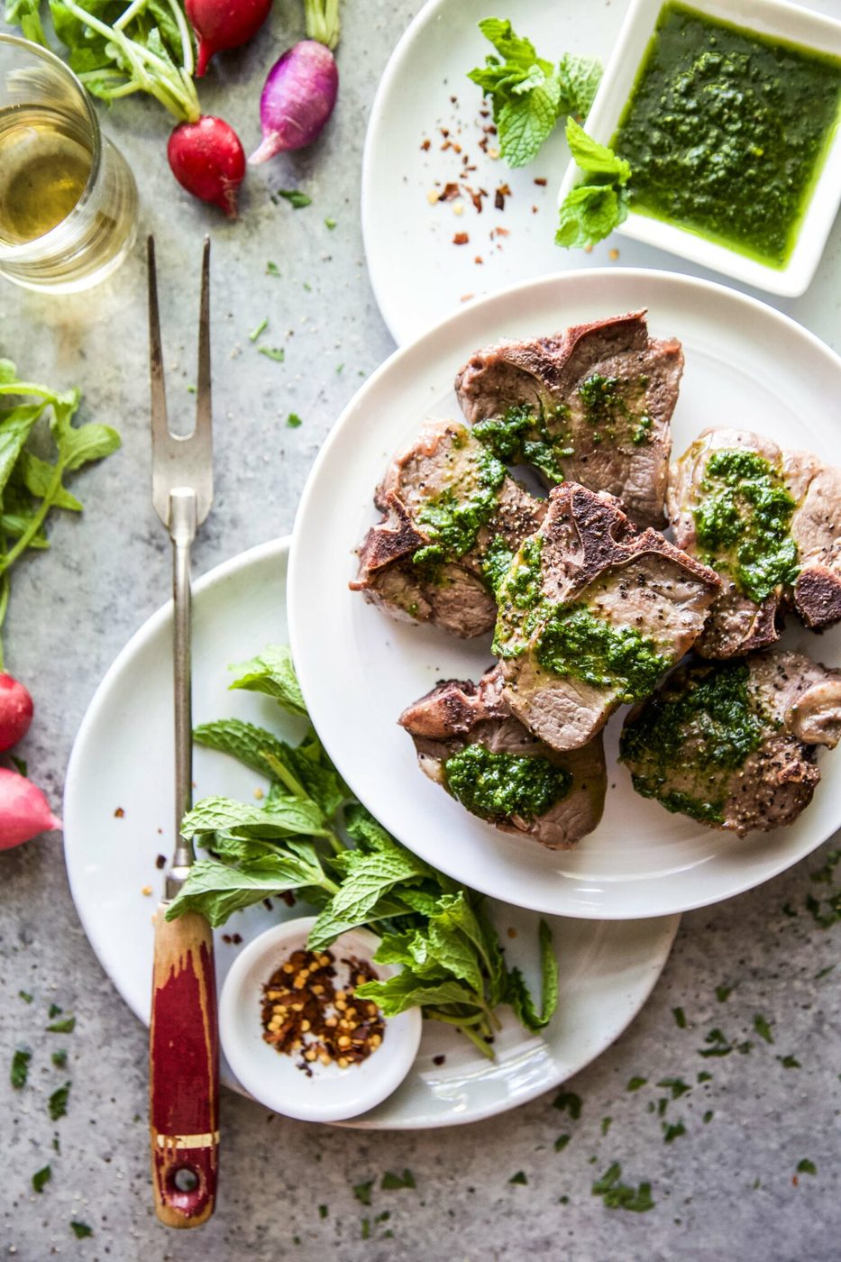 Spinach Salsa Verde on seared Lamb Loin Chop
