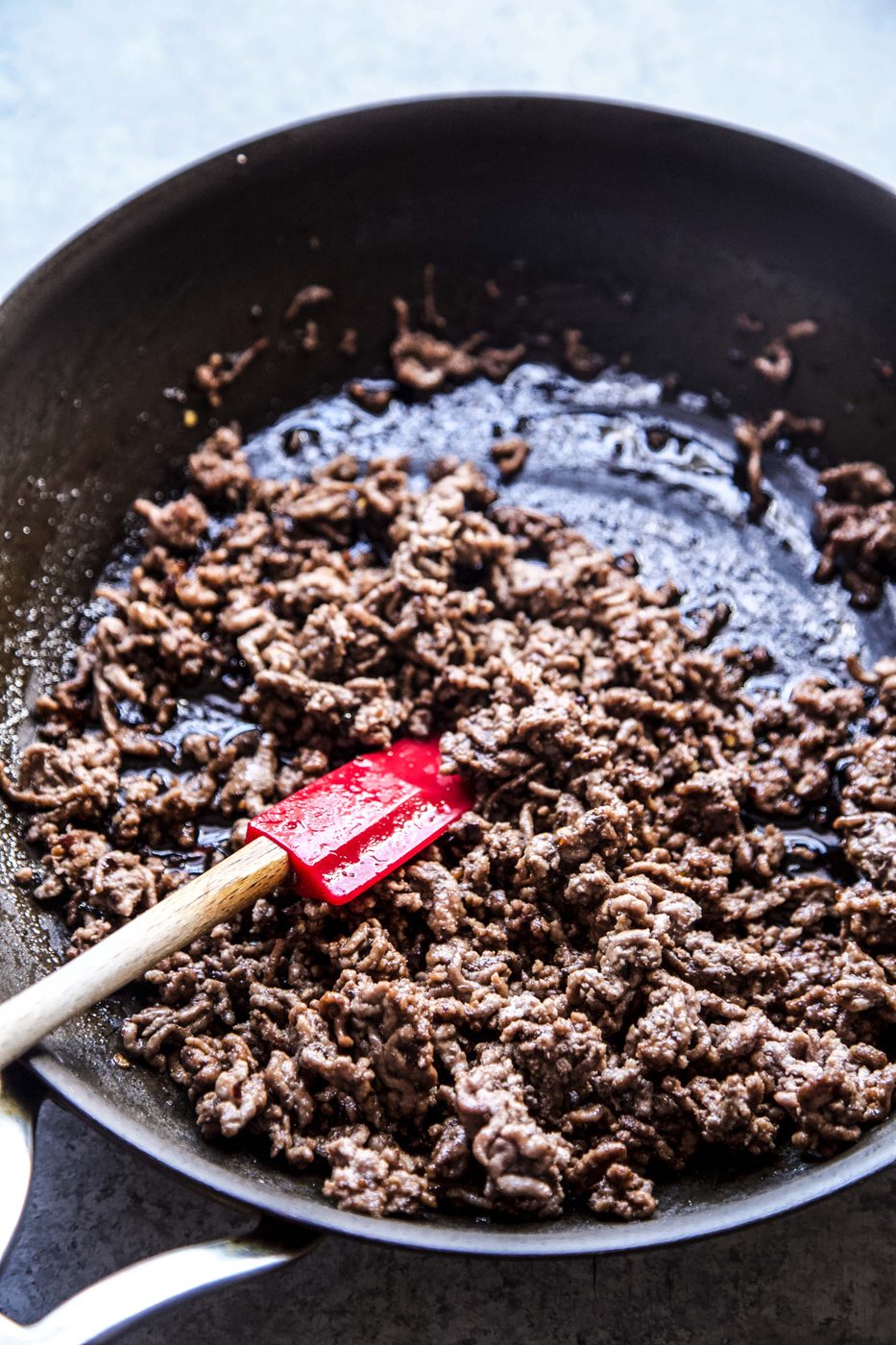 ground sesame beef in a skillet