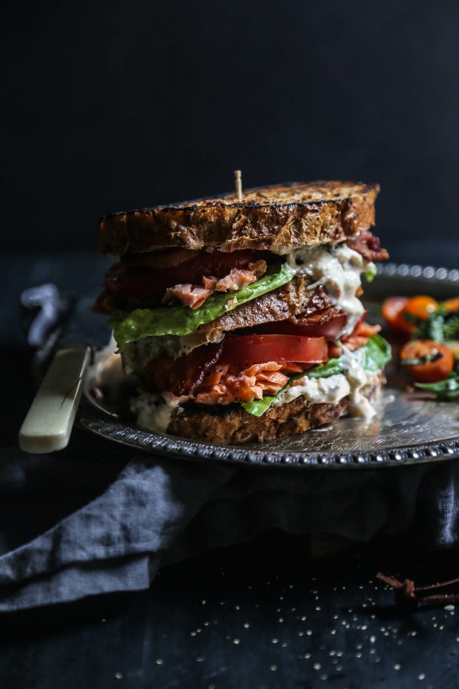 Sesame Roasted Salmon BLT with Kimchi Yogurt Dressing www.climbinggriermountain.com