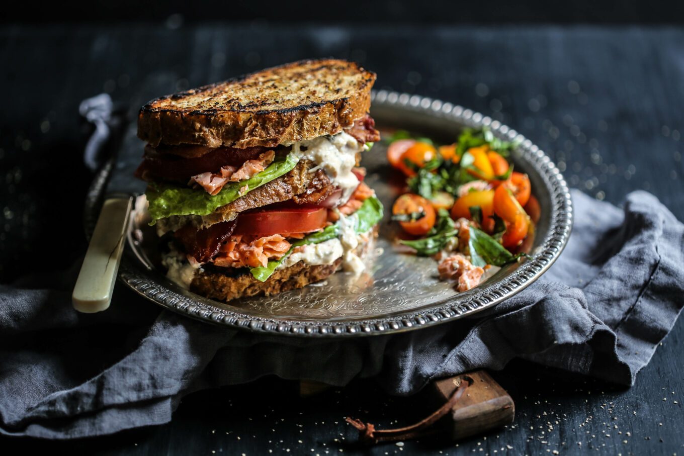 Sesame Roasted Salmon BLT with Kimchi Yogurt Dressing www.climbinggriermountain.com I