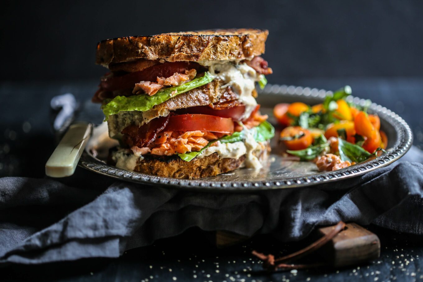 Kimchi Yogurt Dressing on sesame Roasted Salmon BLT