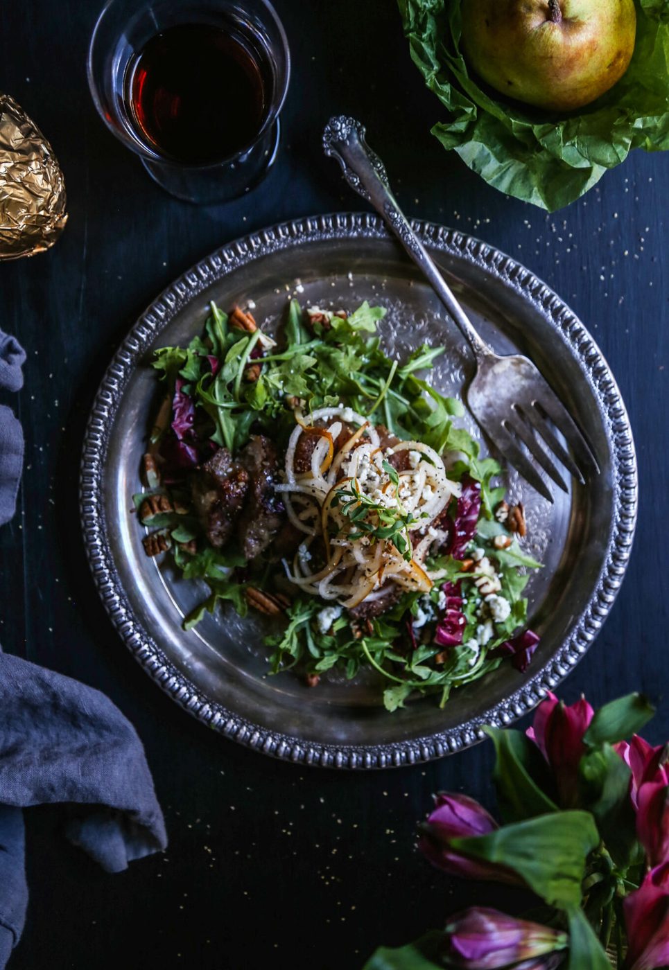 Sesame Steak Salad, finished with Spiralized Pears