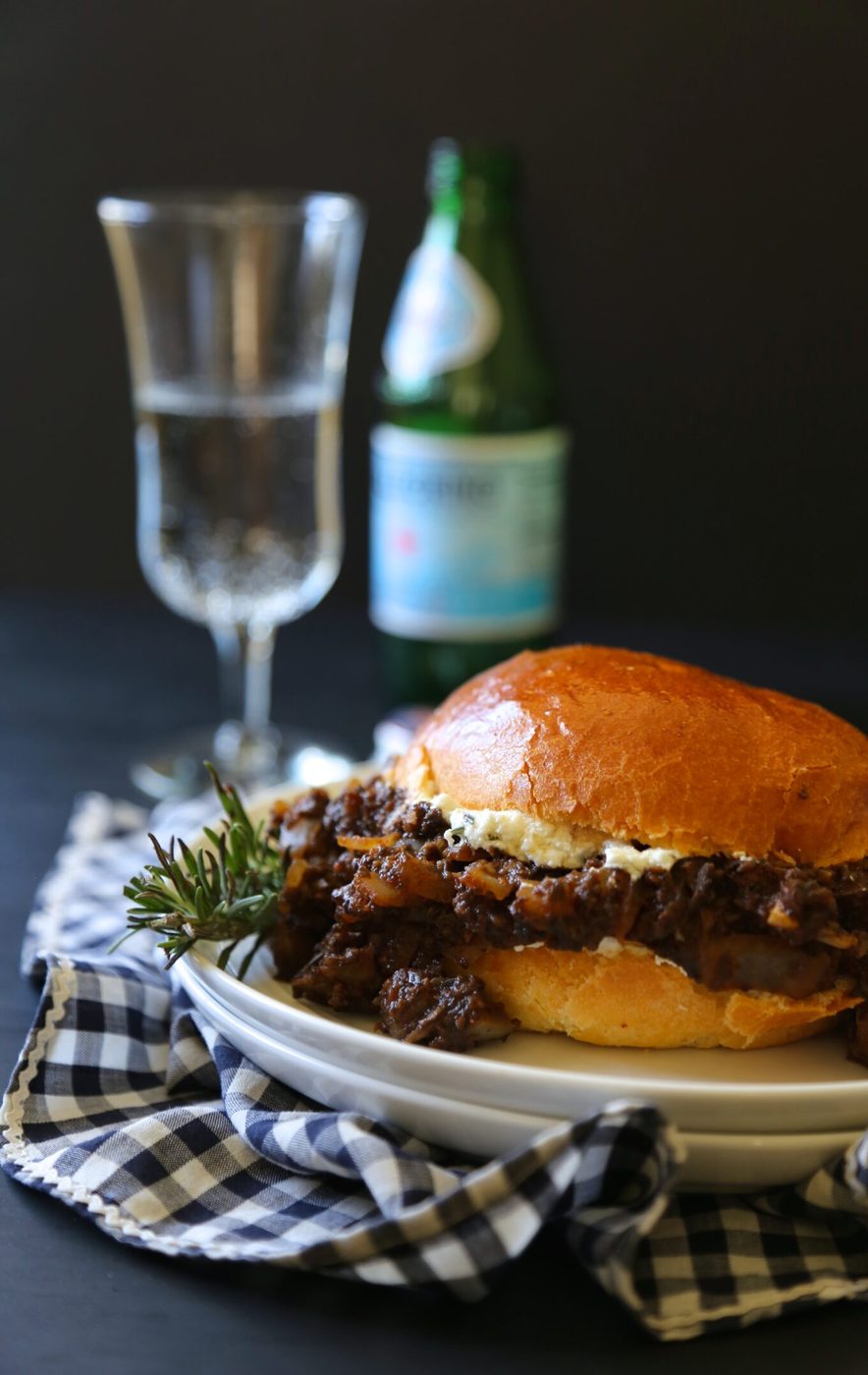 Rosemary honey goat cheese on sloppy mushroom joes