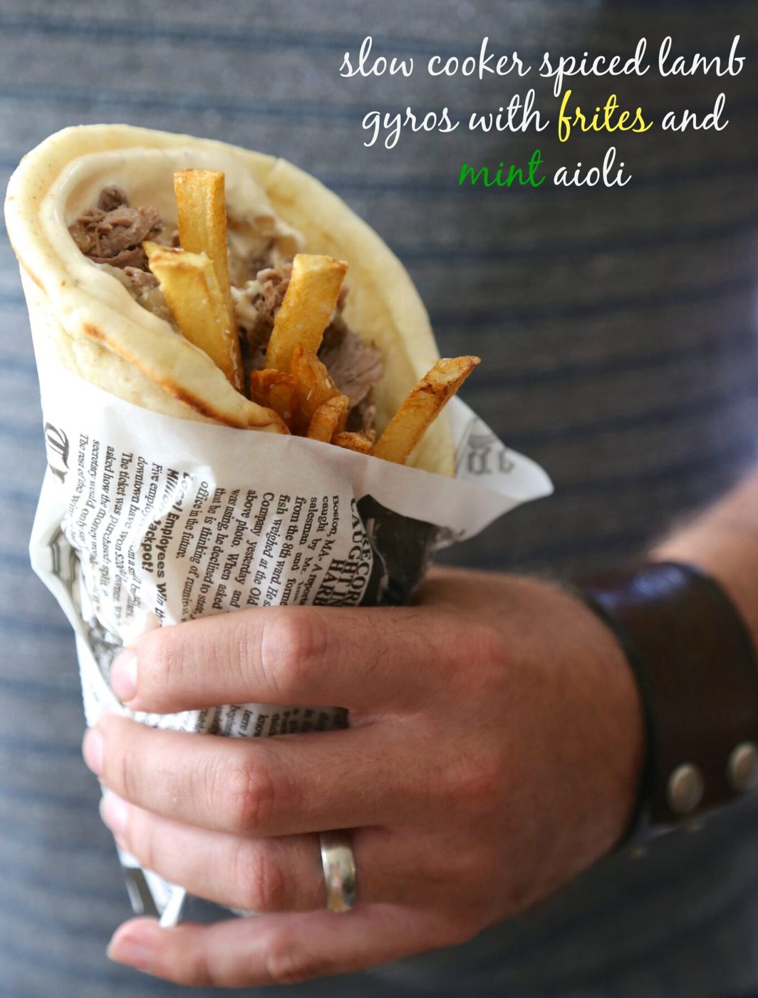 Frites and mint aioli on slow cooker spiced lamb gyros