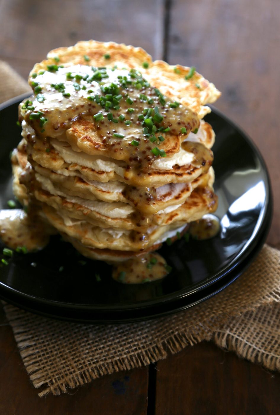 Sourdough pancakes, finished with fresh ricotta & mustard-maple glaze