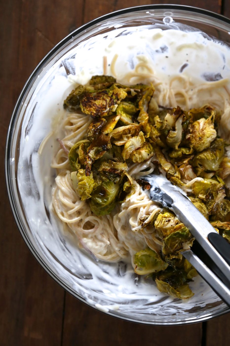 whole wheat spaghetti with roasted brussel sprouts & greek yogurt cream sauce