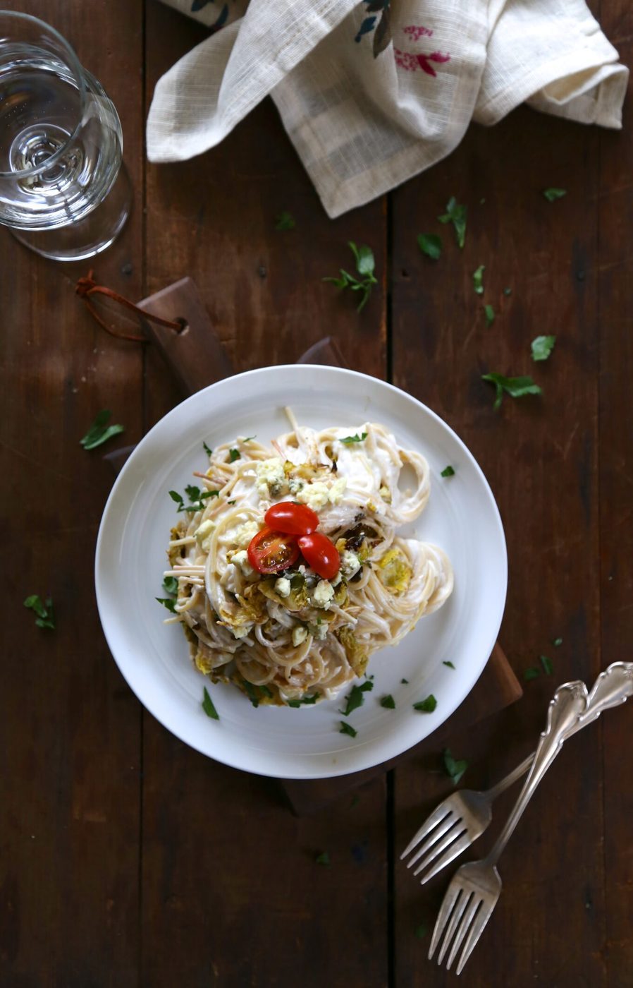 whole wheat spaghetti with roasted brussel sprouts & greek yogurt cream sauce www.climbinggriermountain.com