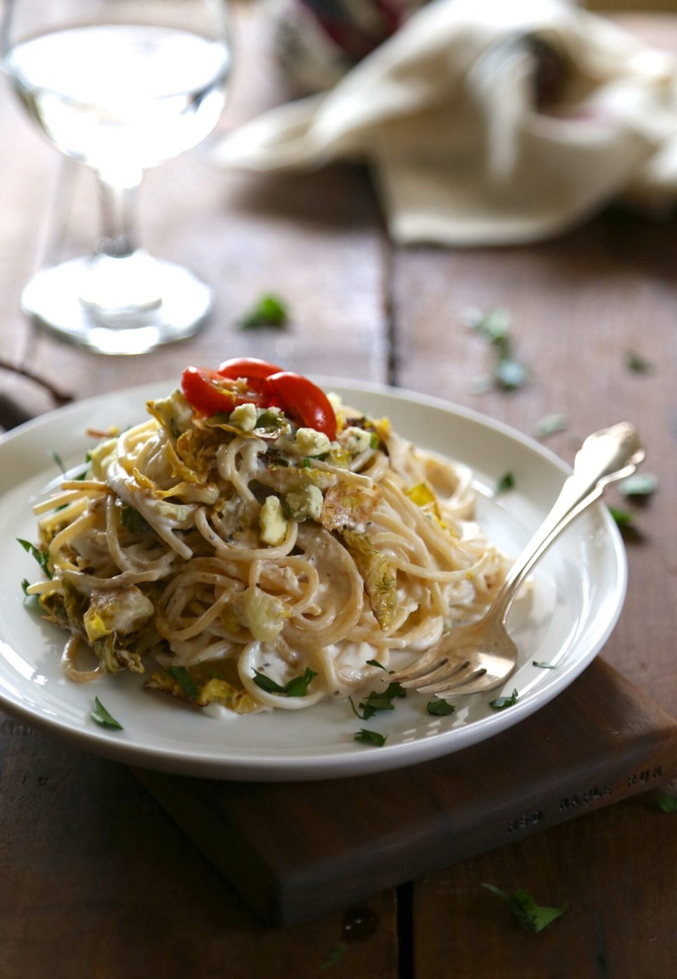 Spaghetti with roasted brussel sprouts & greek yogurt cream sauce + { a Dreamsfield Pasta GIVEAWAY CLOSED!!}
