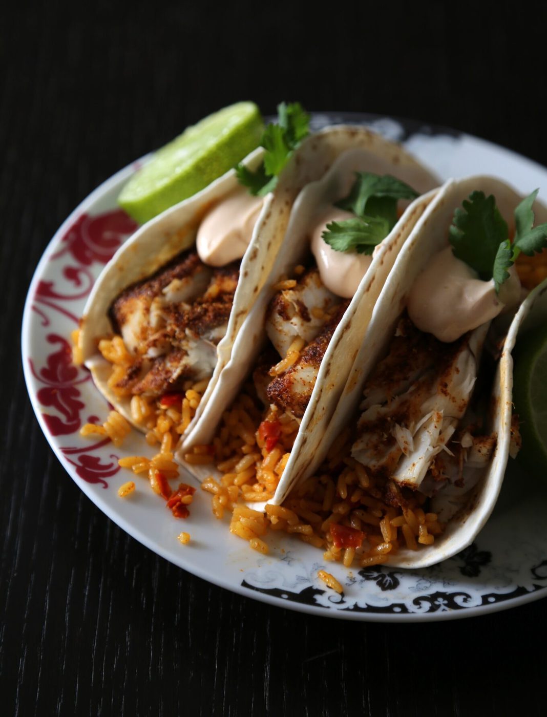 spiced barramuni tacos with spanish rice & chipotle cream www.climbinggriermountain.com