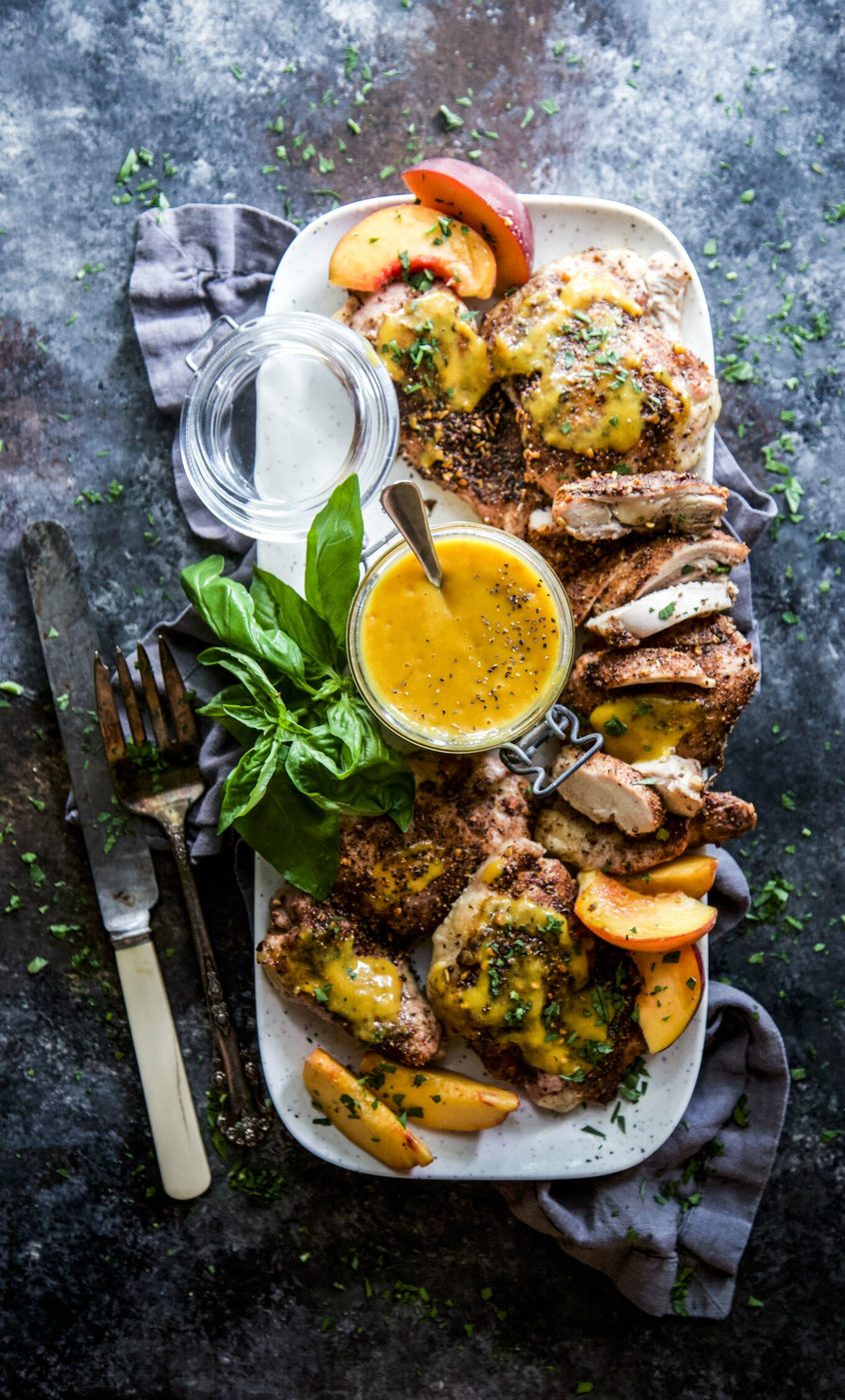 Spiced Chicken Thighs, finished with Peach Barbecue Sauce