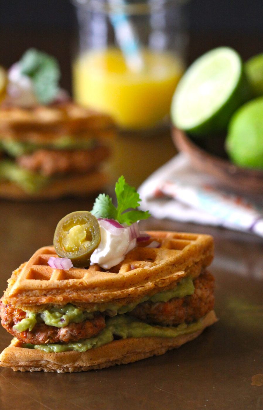 Chicken chorizo & guacamole { + a BLOGIVERSARY!} on spiced mini waffle breakfast sandwiches