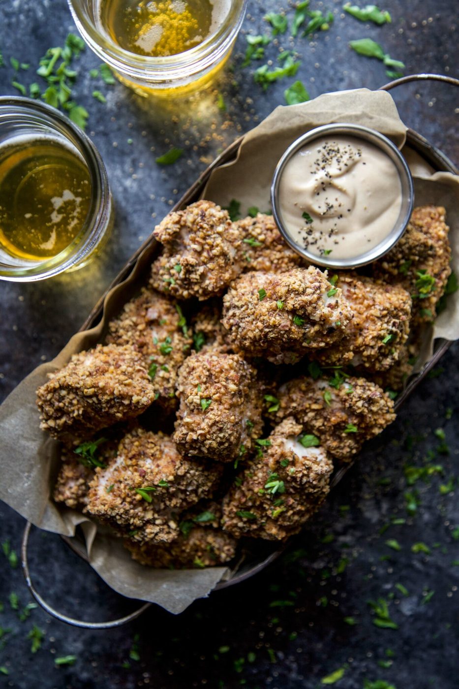 Chipotle Mustard Sauce on spiced Pecan Baked Chicken Nuggets