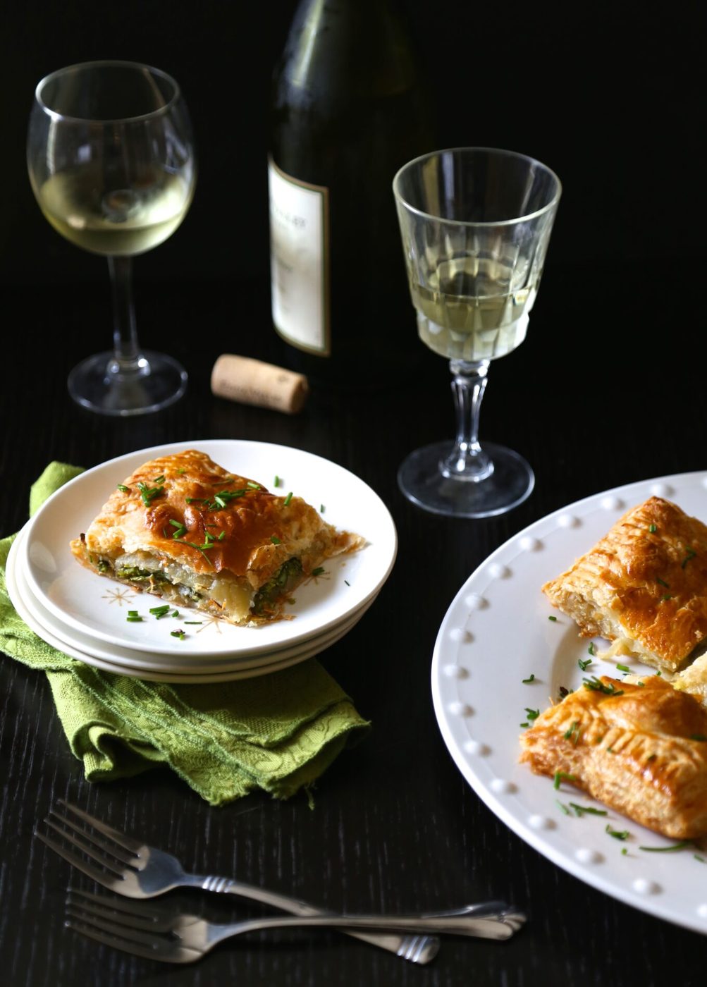 Spiced spring veggie danishes, finished with fresh chives