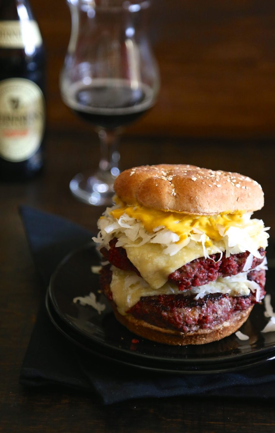 St. paddy’s corned beef burgers, finished with irish cheddar cheese