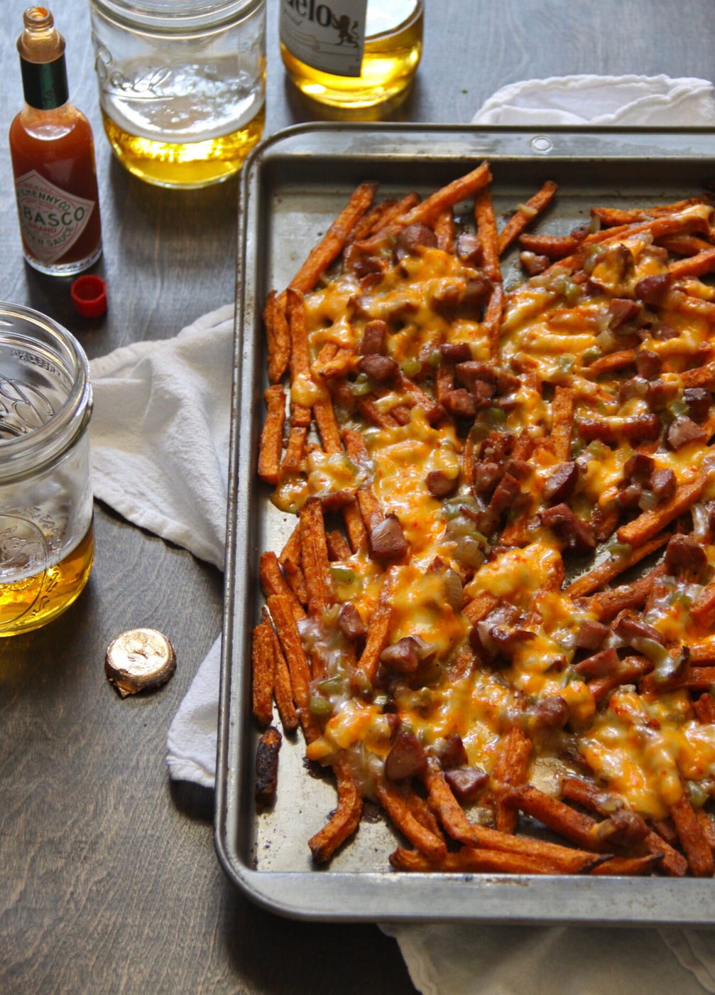 Sweet potato fries, finished with andouille gravy and pimento cheese