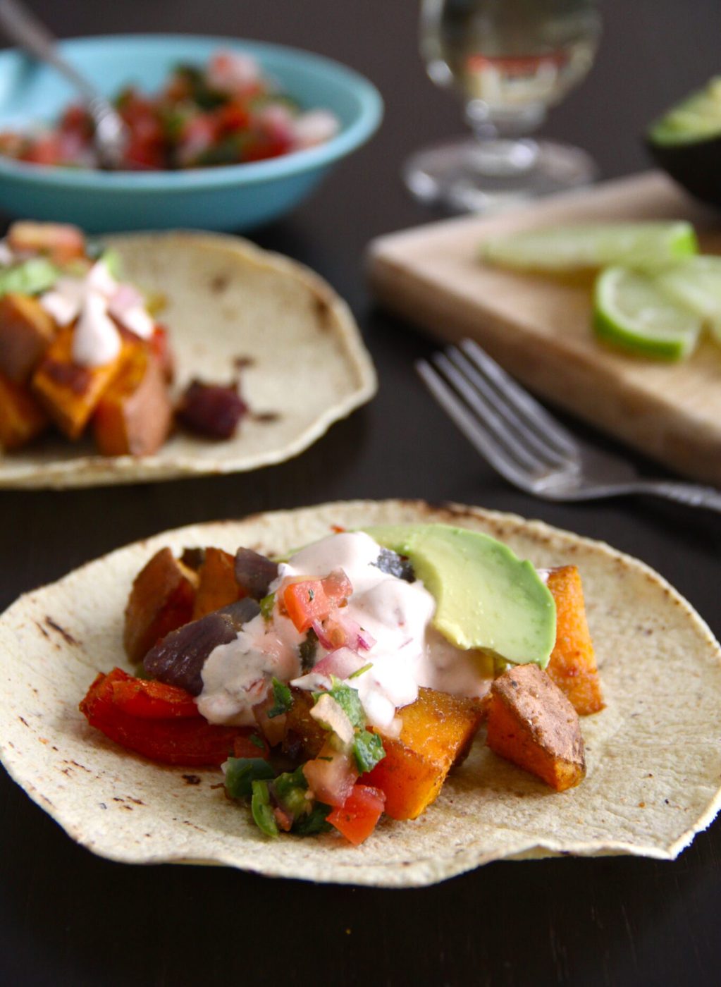 Sweet potato tacos, finished with chipotle cream