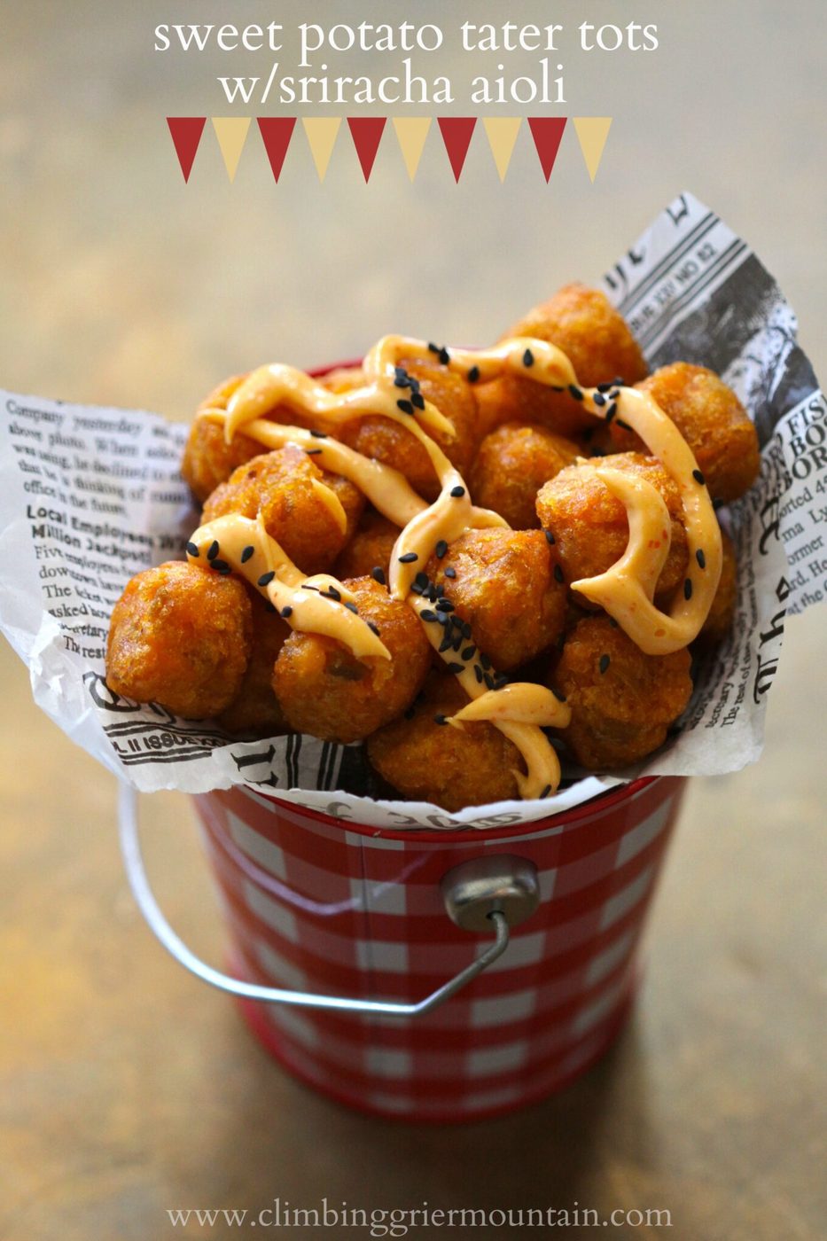 Sriracha aioli on sweet potato tater tots