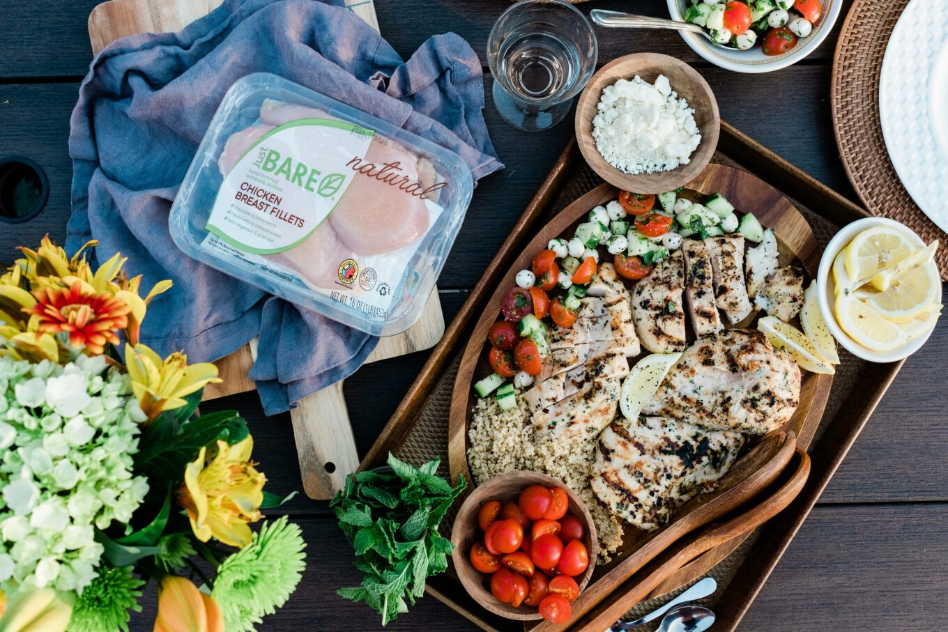 Tahini Marinated Grilled Chicken Breasts, finished with Cucumber Caprese Salad