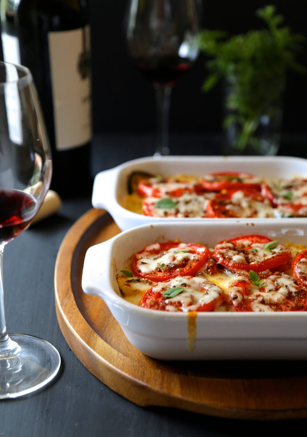 Tomato and squash gratin, finished with farro & chicken sausage