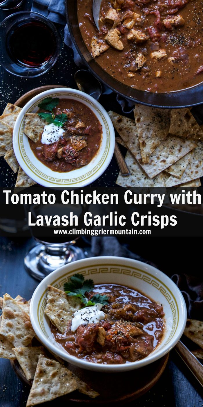 Tomato Chicken Curry with Lavash Garlic Crisps