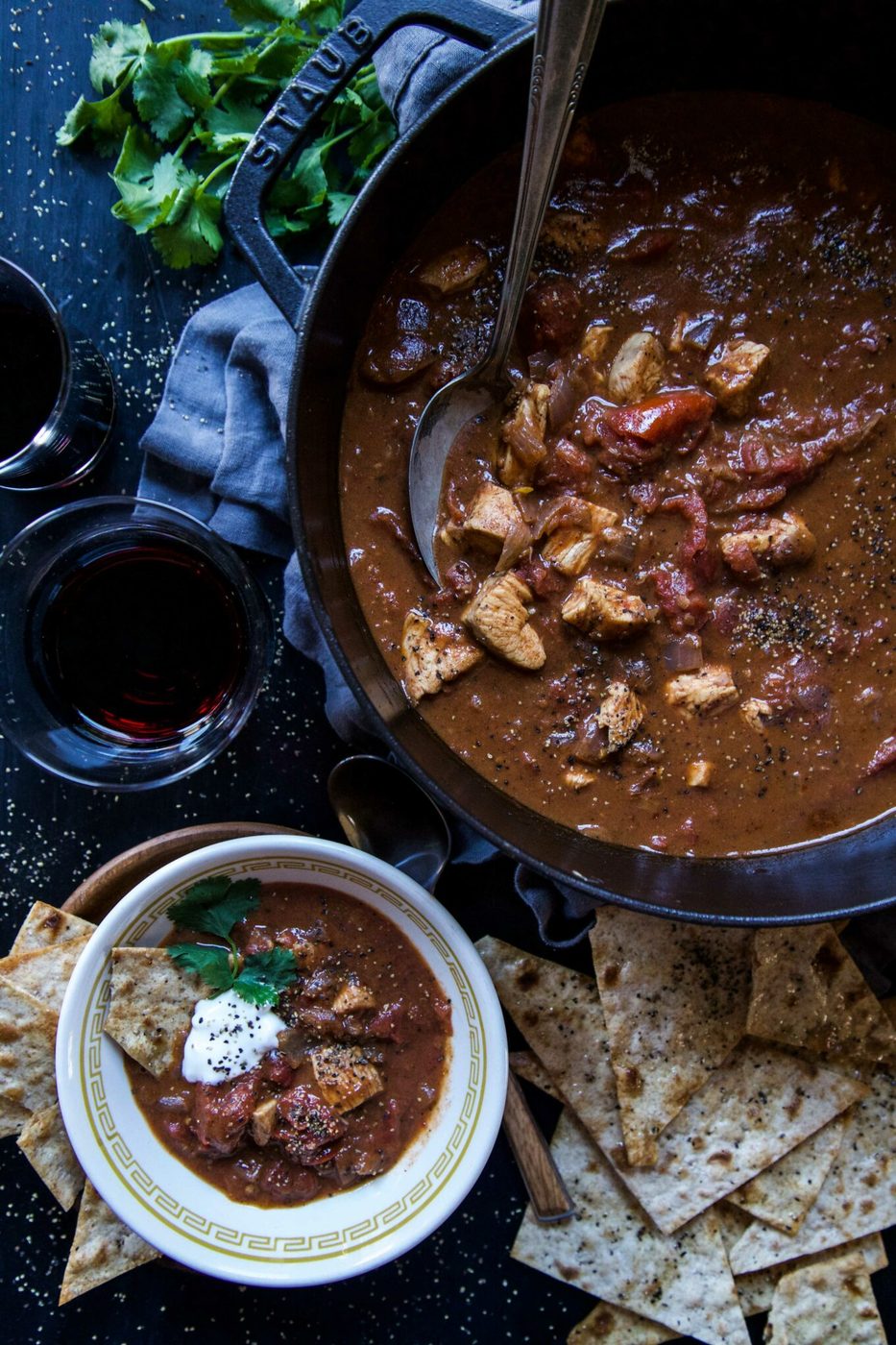 Lavash Garlic Crisps on tomato Chicken Curry