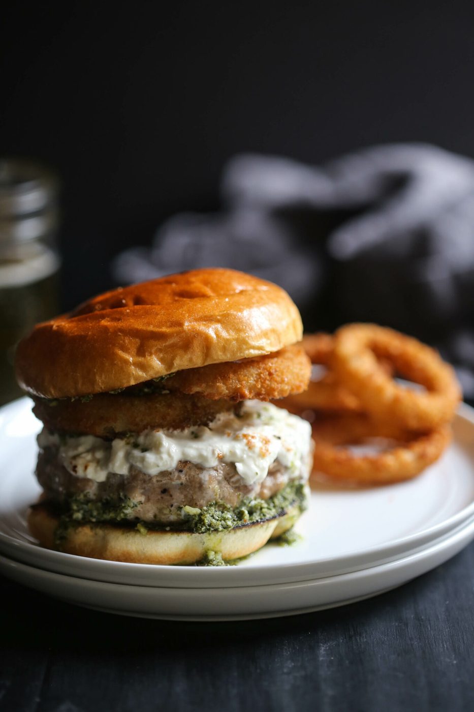 Pistachio basil pesto on turkey burrata burger
