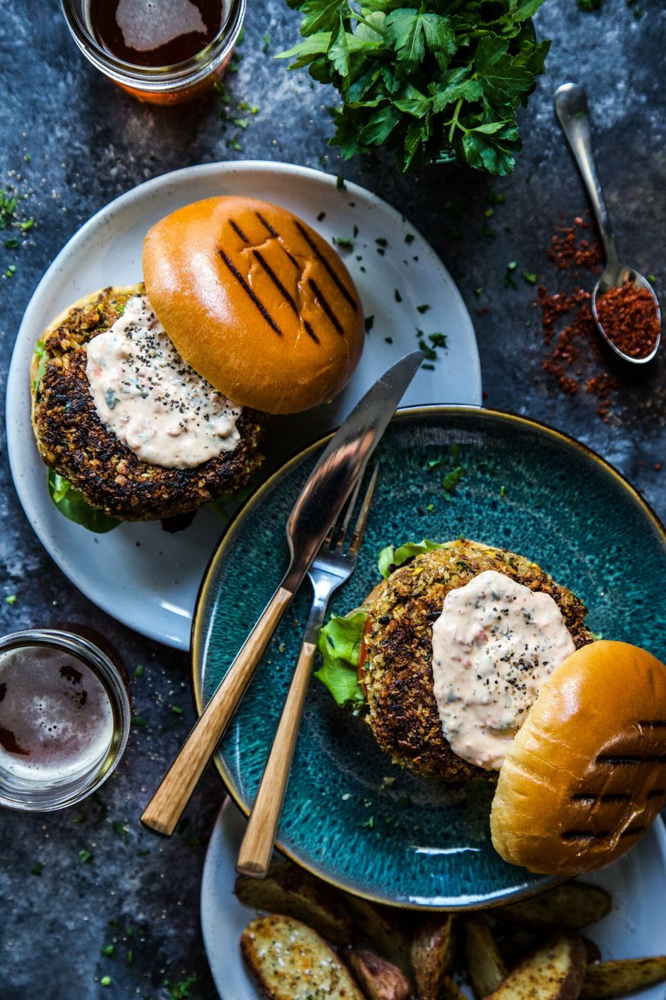 Turkish Zucchini Burgers, finished with Greek Yogurt Harissa Sauce
